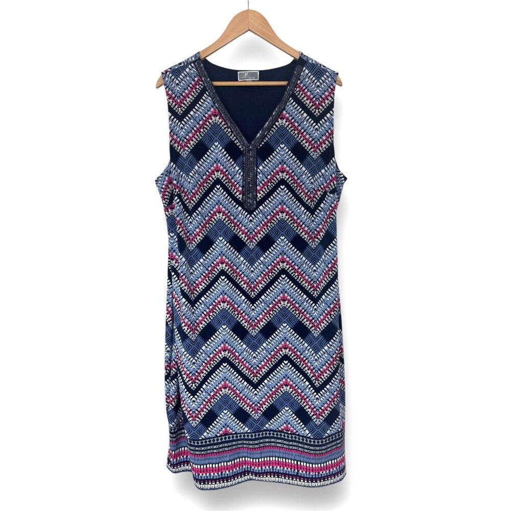 Size 2X 18 20 JM Collection Navy Chevron Print Beaded Shift Dress Summer Plus Sz